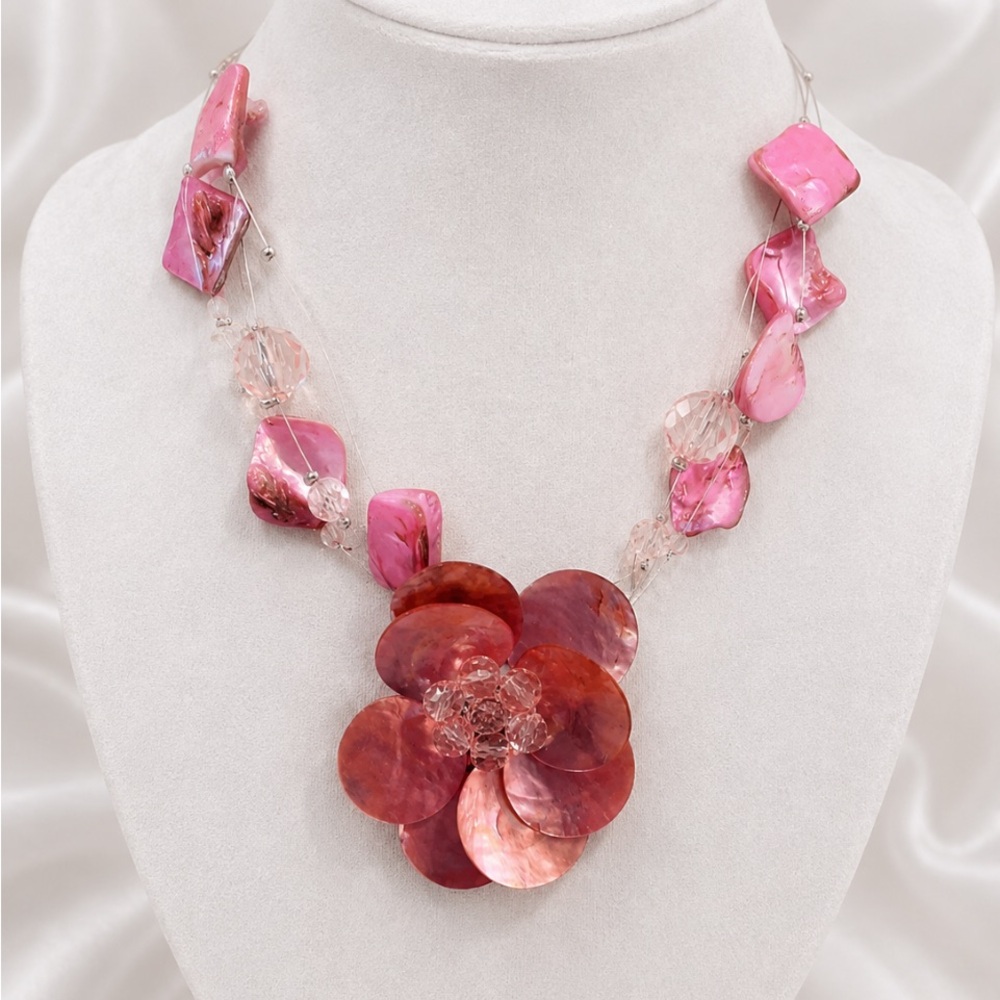 Pink Floral Seashell Statement Necklace